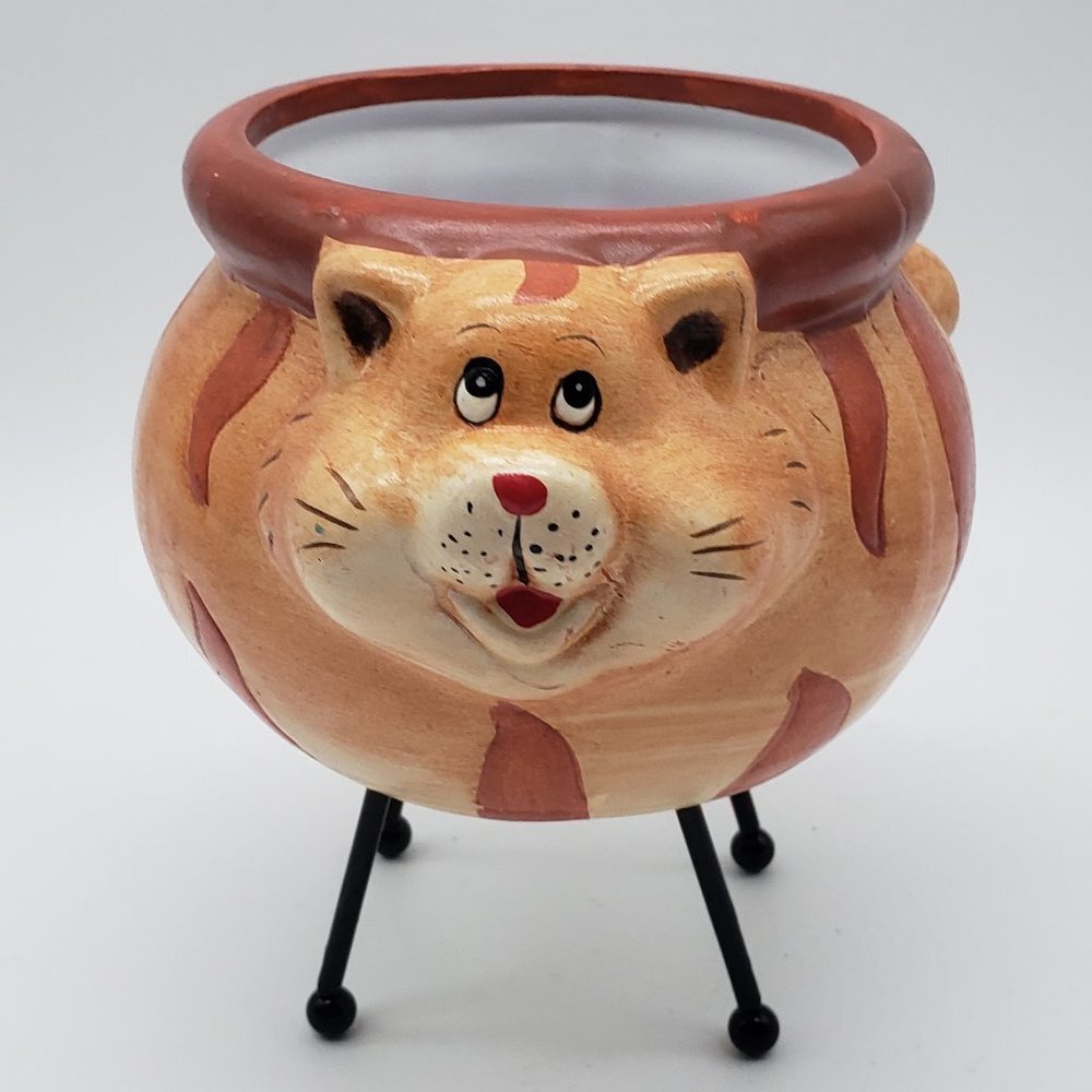 Brown Beige Whimsical Ceramic Cat Plant Stand with Black Metal Legs